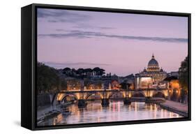 Dusk Lights on Tiber River with Bridge Umberto I and Basilica Di San Pietro in the Background, Rome-Roberto Moiola-Framed Stretched Canvas