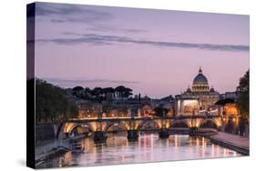 Dusk Lights on Tiber River with Bridge Umberto I and Basilica Di San Pietro in the Background, Rome-Roberto Moiola-Stretched Canvas