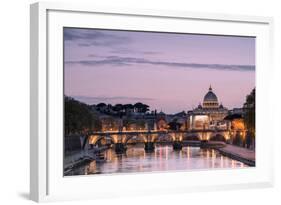 Dusk Lights on Tiber River with Bridge Umberto I and Basilica Di San Pietro in the Background, Rome-Roberto Moiola-Framed Photographic Print