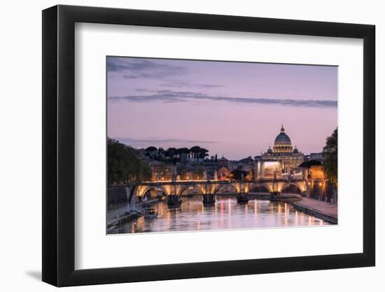 Dusk Lights on Tiber River with Bridge Umberto I and Basilica Di San Pietro in the Background, Rome-Roberto Moiola-Framed Photographic Print