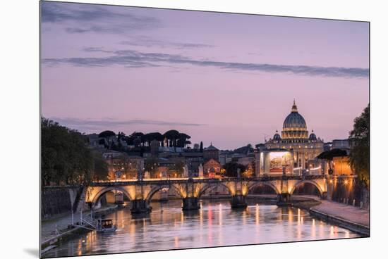 Dusk Lights on Tiber River with Bridge Umberto I and Basilica Di San Pietro in the Background, Rome-Roberto Moiola-Mounted Premium Photographic Print