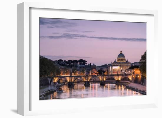 Dusk Lights on Tiber River with Bridge Umberto I and Basilica Di San Pietro in the Background, Rome-Roberto Moiola-Framed Photographic Print