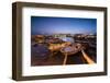 Dusk lights the harbor and the medieval old town of Gallipoli, Province of Lecce, Apulia, Italy, Eu-Roberto Moiola-Framed Photographic Print