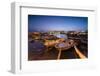 Dusk lights the harbor and the medieval old town of Gallipoli, Province of Lecce, Apulia, Italy, Eu-Roberto Moiola-Framed Photographic Print