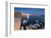 Dusk lights the harbor and the medieval old town of Gallipoli, Province of Lecce, Apulia, Italy, Eu-Roberto Moiola-Framed Photographic Print