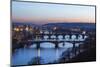 Dusk lights up the historical bridges and buildings reflected on Vltava River, Prague, Czech Republ-Roberto Moiola-Mounted Photographic Print