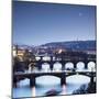 Dusk lights up the historical bridges and buildings reflected on Vltava River, Prague, Czech Republ-Roberto Moiola-Mounted Photographic Print