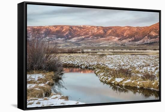 Dusk over Canadian River and Medicine Bow Mountains in North Park near Walden, Colorado, Late Fall-PixelsAway-Framed Stretched Canvas