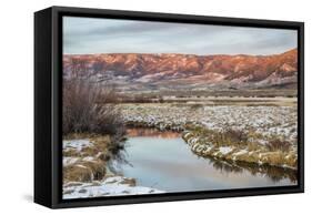 Dusk over Canadian River and Medicine Bow Mountains in North Park near Walden, Colorado, Late Fall-PixelsAway-Framed Stretched Canvas