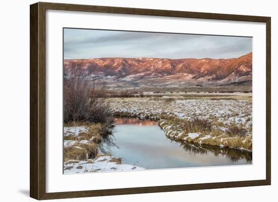 Dusk over Canadian River and Medicine Bow Mountains in North Park near Walden, Colorado, Late Fall-PixelsAway-Framed Photographic Print