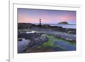 Dusk over Penmon Point Lighthouse and Puffin Island, Isle of Anglesey, Wales, UK. Spring-Adam Burton-Framed Photographic Print