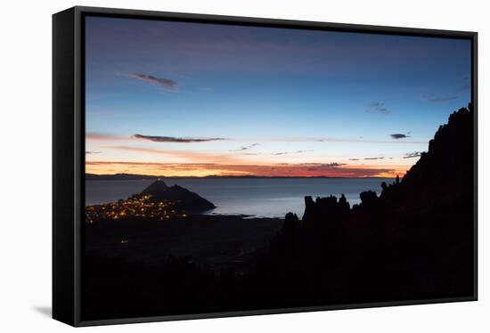 Dusk over the Town of Copacabana and Lake Titicaca-Alex Saberi-Framed Stretched Canvas