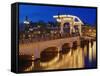 Dusk view of Magere Brug or Skinny Bridge and Amstel River, Netherlands, Holland-Adam Jones-Framed Stretched Canvas