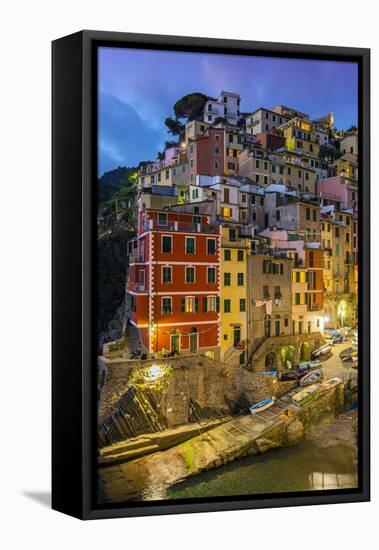 Dusk View of the Colorful Sea Village of Riomaggiore, Cinque Terre, Liguria, Italy-Stefano Politi Markovina-Framed Stretched Canvas