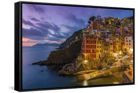 Dusk View of the Colorful Sea Village of Riomaggiore, Cinque Terre, Liguria, Italy-Stefano Politi Markovina-Framed Stretched Canvas