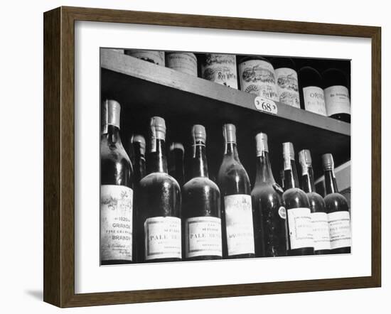 Dust-Covered Wine and Brandy Bottles Standing on Racks in a Wine Cellar-null-Framed Photographic Print