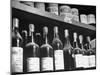 Dust-Covered Wine and Brandy Bottles Standing on Racks in a Wine Cellar-null-Mounted Photographic Print