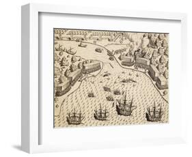 Dutch Arriving at Madura Island, Java, Engraving from Work India Orientalis-Theodor de Bry-Framed Giclee Print