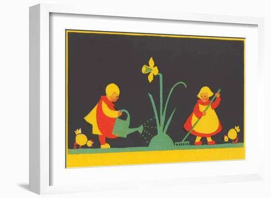 Dutch Children Watering Daffodil-null-Framed Art Print