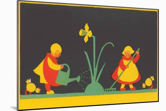 Dutch Children Watering Daffodil-null-Mounted Art Print