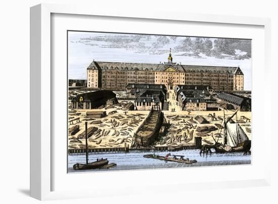 Dutch East India House in Amsterdam, Showing Warehouses and Shipyard-null-Framed Giclee Print