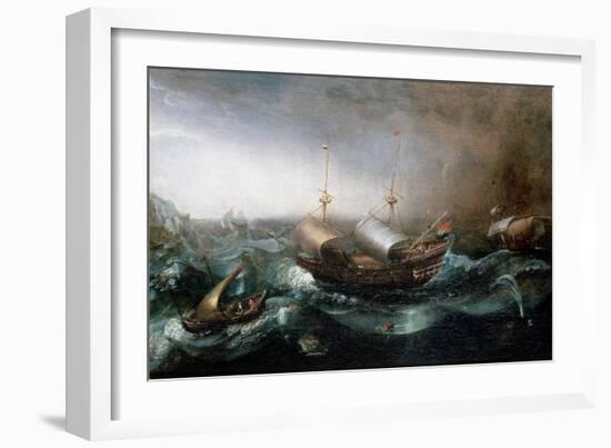 Dutch Merchant Vessels and a Smalschip Accompanied by Dolphins in Heavy Seas-Aert Van Antum-Framed Giclee Print