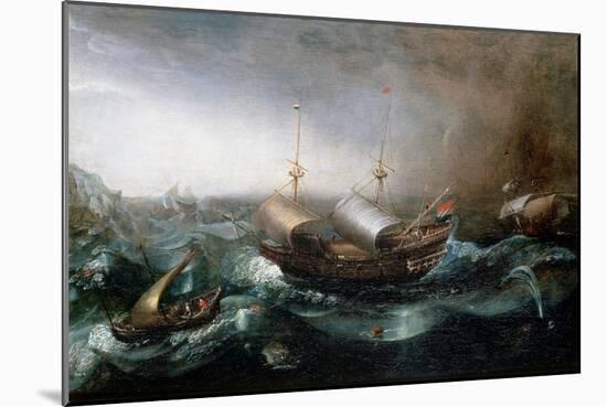 Dutch Merchant Vessels and a Smalschip Accompanied by Dolphins in Heavy Seas-Aert Van Antum-Mounted Giclee Print