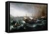 Dutch Merchant Vessels and a Smalschip Accompanied by Dolphins in Heavy Seas-Aert Van Antum-Framed Stretched Canvas