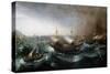 Dutch Merchant Vessels and a Smalschip Accompanied by Dolphins in Heavy Seas-Aert Van Antum-Stretched Canvas