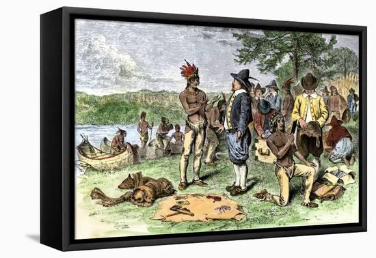 Dutch Merchants Trading with Native Americans on Manhattan Island, c.1600-null-Framed Stretched Canvas