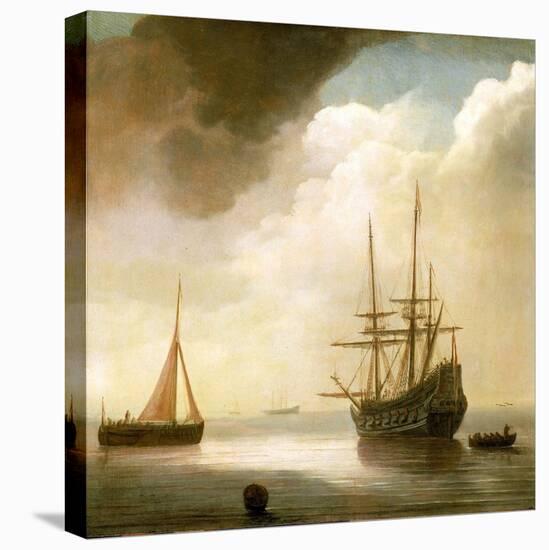 Dutch Ship on Calm Sea. to His Left, a Fishing Boat in Operation, to His Right, an Anchored Boat. O-Abraham de Verwer-Stretched Canvas