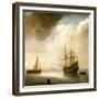 Dutch Ship on Calm Sea. to His Left, a Fishing Boat in Operation, to His Right, an Anchored Boat. O-Abraham de Verwer-Framed Giclee Print