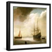 Dutch Ship on Calm Sea. to His Left, a Fishing Boat in Operation, to His Right, an Anchored Boat. O-Abraham de Verwer-Framed Giclee Print