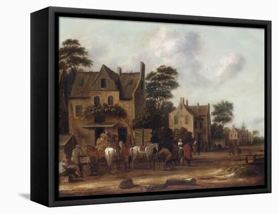 Dutch Village Scene with Figures and Horses Resting outside a House, 1660-Thomas Heeremans-Framed Stretched Canvas