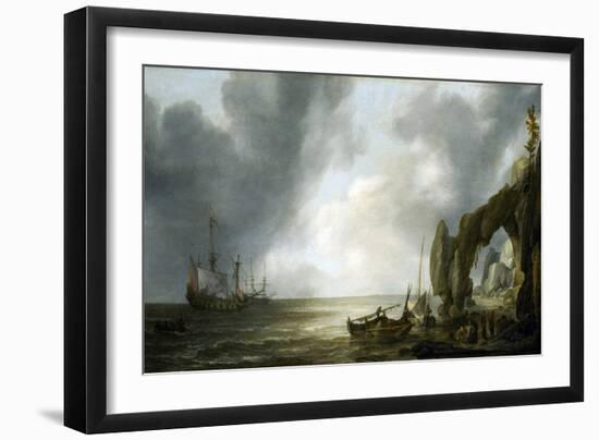 Dutch Warships Anchored off a Rocky Coast, a Few Crewmen Landed on the Shore, Gathered around Fishi-Simon Jacobsz Vlieger-Framed Giclee Print