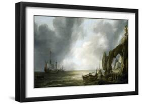 Dutch Warships Anchored off a Rocky Coast, a Few Crewmen Landed on the Shore, Gathered around Fishi-Simon Jacobsz Vlieger-Framed Giclee Print