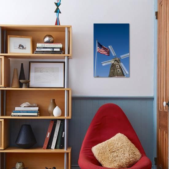Dutch windmill and US flag, Nelis' Dutch Village, Holland ...