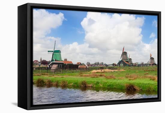 Dutch Windmills over River-neirfy-Framed Stretched Canvas