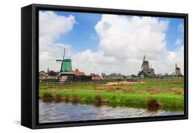 Dutch Windmills over River-neirfy-Framed Stretched Canvas