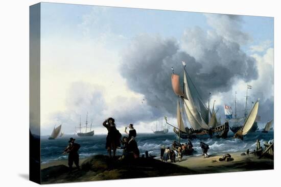 Dutchmen Embarking onto a Yacht, C.1670-Ludolf Backhuysen-Stretched Canvas