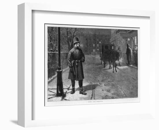 Duty and Pleasure, a Policeman on Duty on a Snowy Night in a Fashionable London Square-Charles Gregory-Framed Art Print