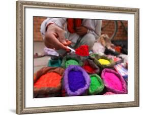 Dye Trader Offers His Brightly Coloured Wares in a Roadside Stall in Kathmandu, Nepal, Asia-David Pickford-Framed Photographic Print