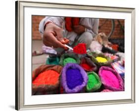 Dye Trader Offers His Brightly Coloured Wares in a Roadside Stall in Kathmandu, Nepal, Asia-David Pickford-Framed Photographic Print