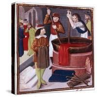 Dyers Immersing Bolt of Cloth in Vat of Dye Placed over a Fire, 15th Century-null-Stretched Canvas