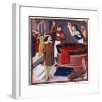 Dyers Immersing Bolt of Cloth in Vat of Dye Placed over a Fire, 15th Century-null-Framed Giclee Print