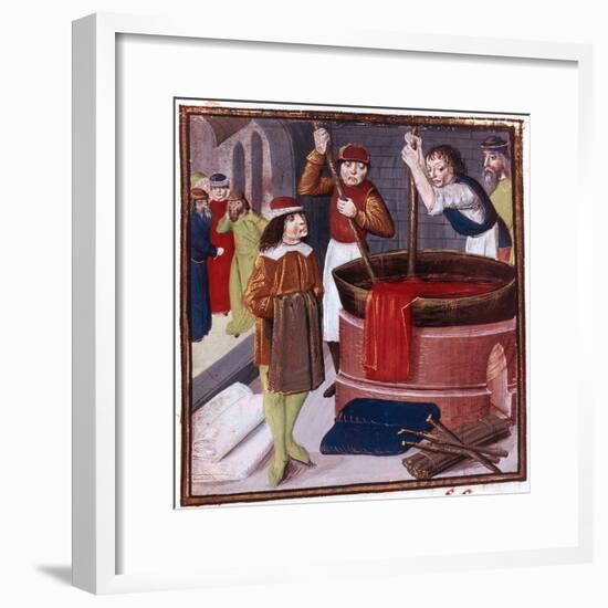 Dyers Immersing Bolt of Cloth in Vat of Dye Placed over a Fire, 15th Century-null-Framed Giclee Print