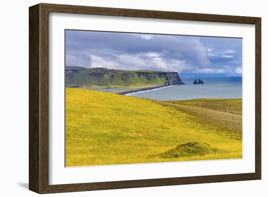 Dyrholaey Park green cliffs, Reynisfjara black sand beach, South Shore, Iceland.-William Perry-Framed Photographic Print