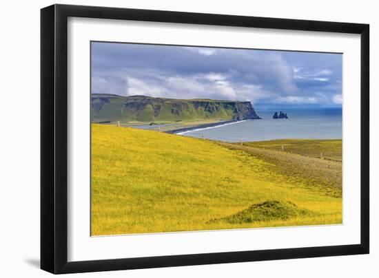 Dyrholaey Park green cliffs, Reynisfjara black sand beach, South Shore, Iceland.-William Perry-Framed Photographic Print