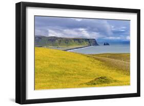 Dyrholaey Park green cliffs, Reynisfjara black sand beach, South Shore, Iceland.-William Perry-Framed Photographic Print