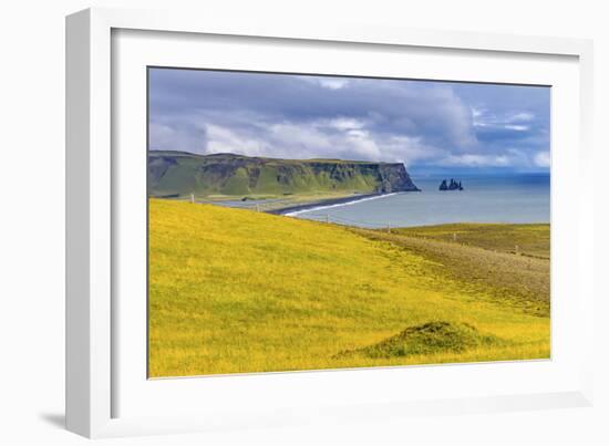 Dyrholaey Park green cliffs, Reynisfjara black sand beach, South Shore, Iceland.-William Perry-Framed Photographic Print